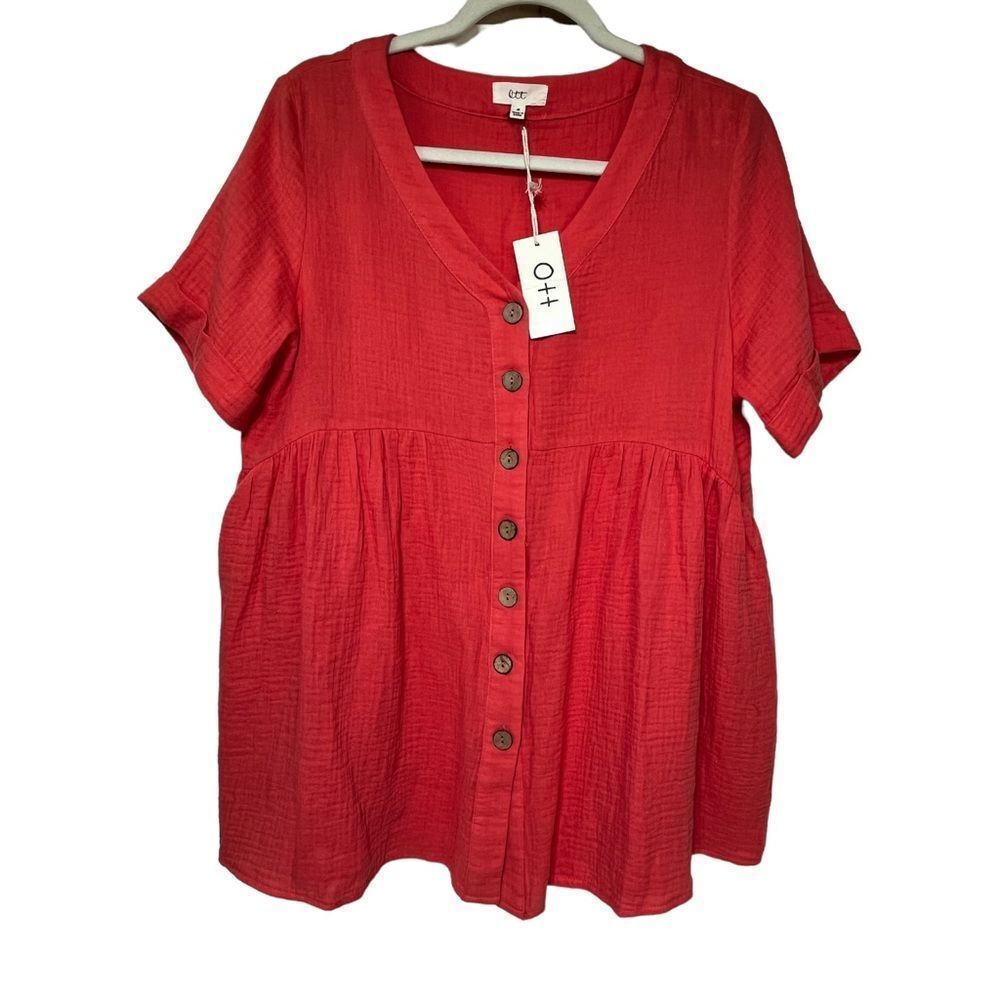 Ott Hot Coral Button Up Women's Medium V Neck‎ Short Sleeve Top